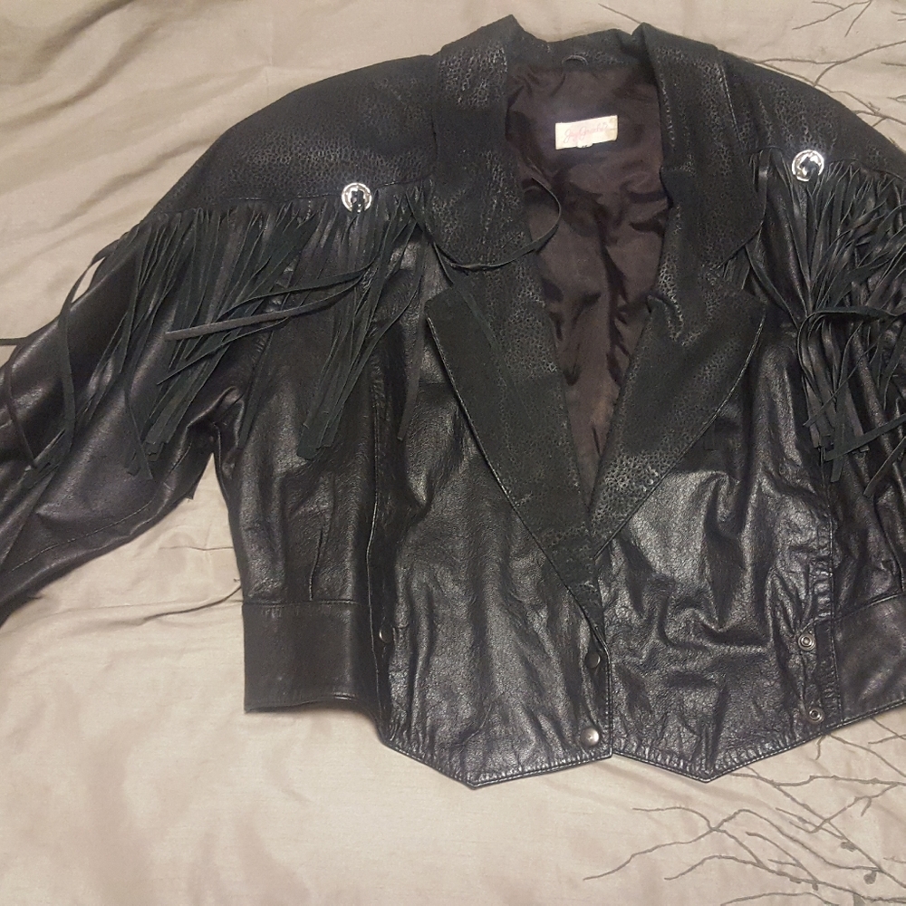 Vintage 80's BLK Leather Fringe/Conc Waist Jacket